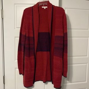 CAbi 897, Joy Cardigan, Open Front, red and navy with two pockets. Size medium.